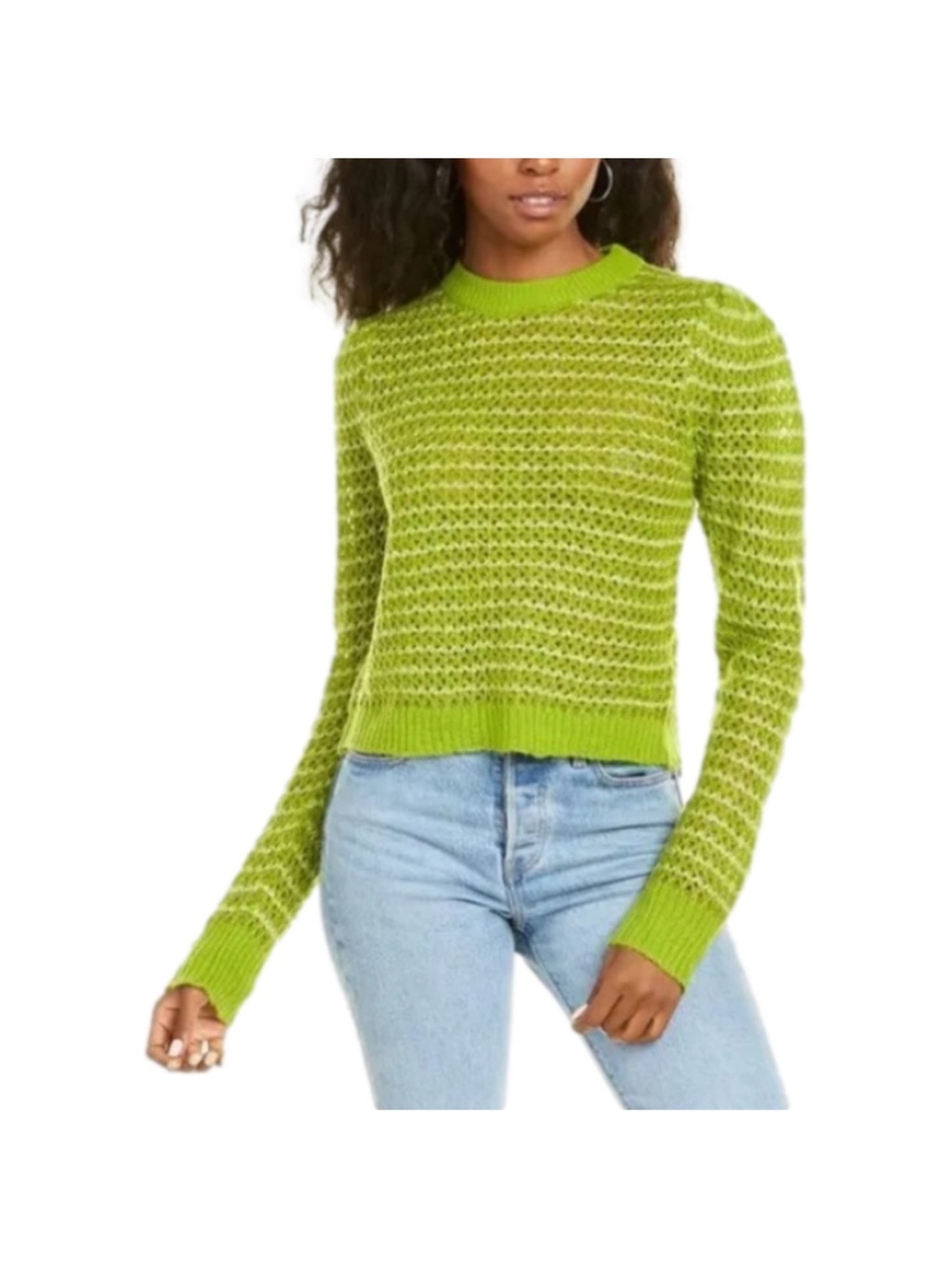 WAYF bright green crochet crew sweater